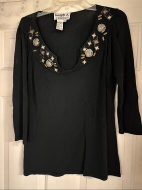 Joseph A Black Embellished Scoop Neck Blouse